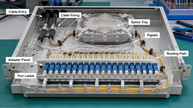 Cutaway view of an optical distribution frame showing splice tray, adapter panel, pigtails, patch cords and slack storage Cutaway view of an optical distribution frame showing splice tray, adapter panel, pigtails, patch cords and slack storage